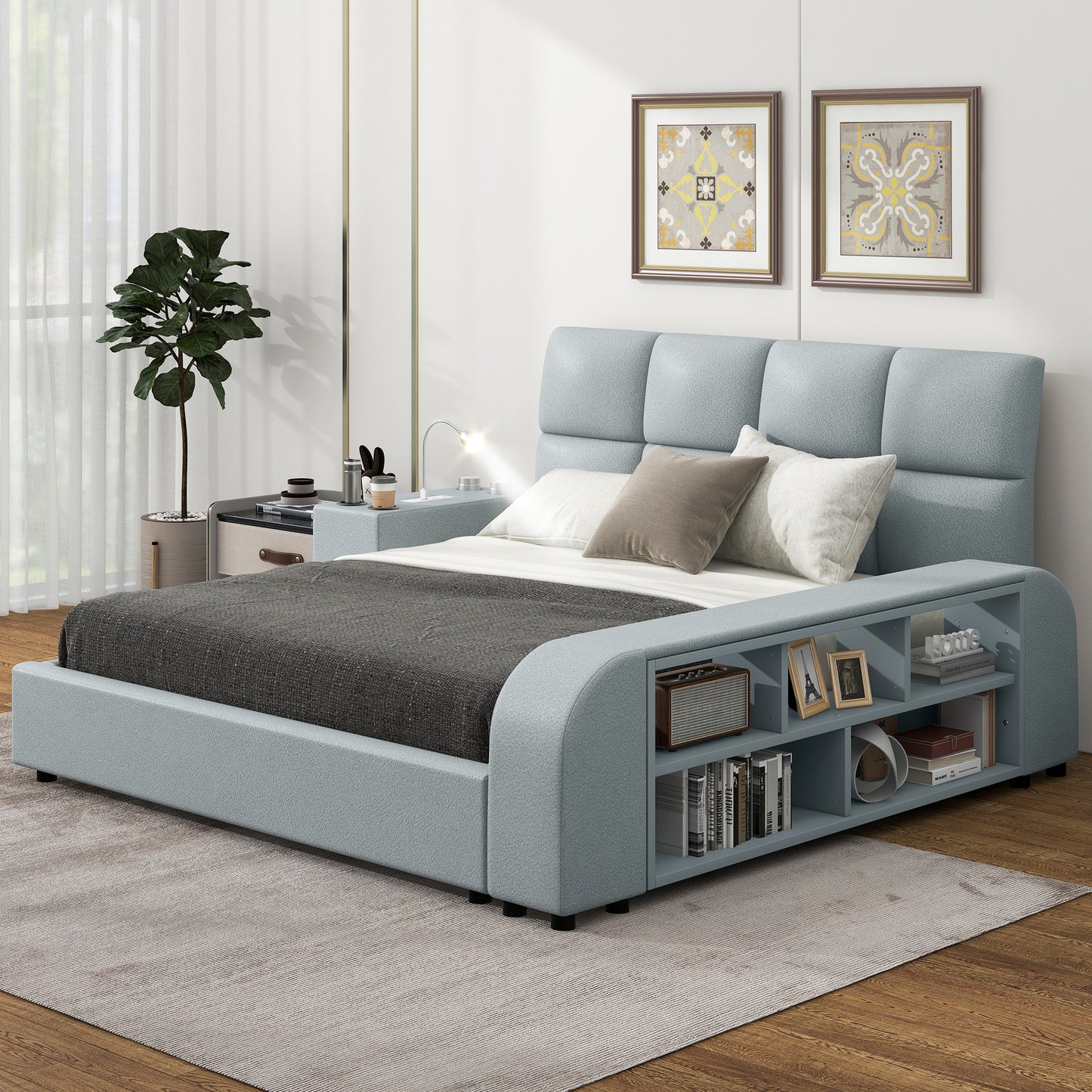 Queen Size Upholstered Platform Bed with Multimedia Nightstand and Storage Shelves, Gray - Enova Luxe Home Store