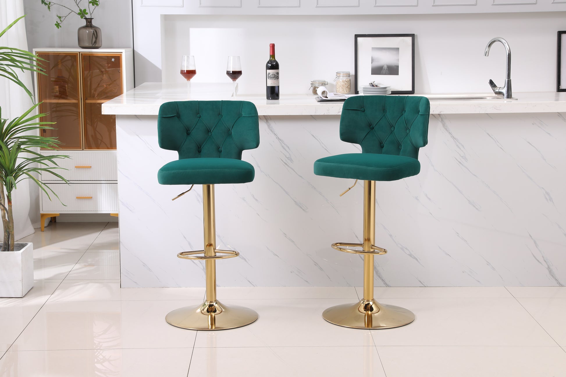 Modern Barstools Bar Height, Swivel Velvet Bar Stool Counter Height Bar Chairs Adjustable Tufted Stool with Back& Footrest for Home Bar Kitchen Island Chair (Emerald, Set of 2) - Enova Luxe Home Store