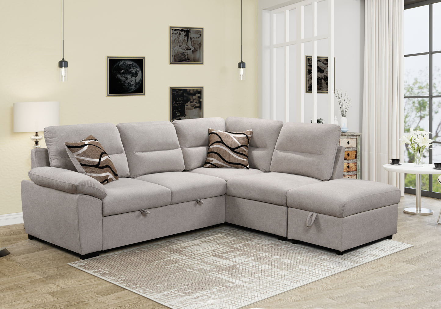95'' Sectional Sofa with Ultra Soft Back Cushion,Sleeper Sectional Sofa with Pull Out Couch Bed and Storage Ottoman,Beige