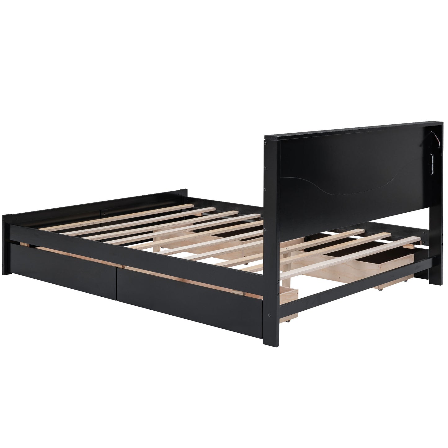 Queen Size Wood Storage Platform Bed with LED and 4 Drawers, Black