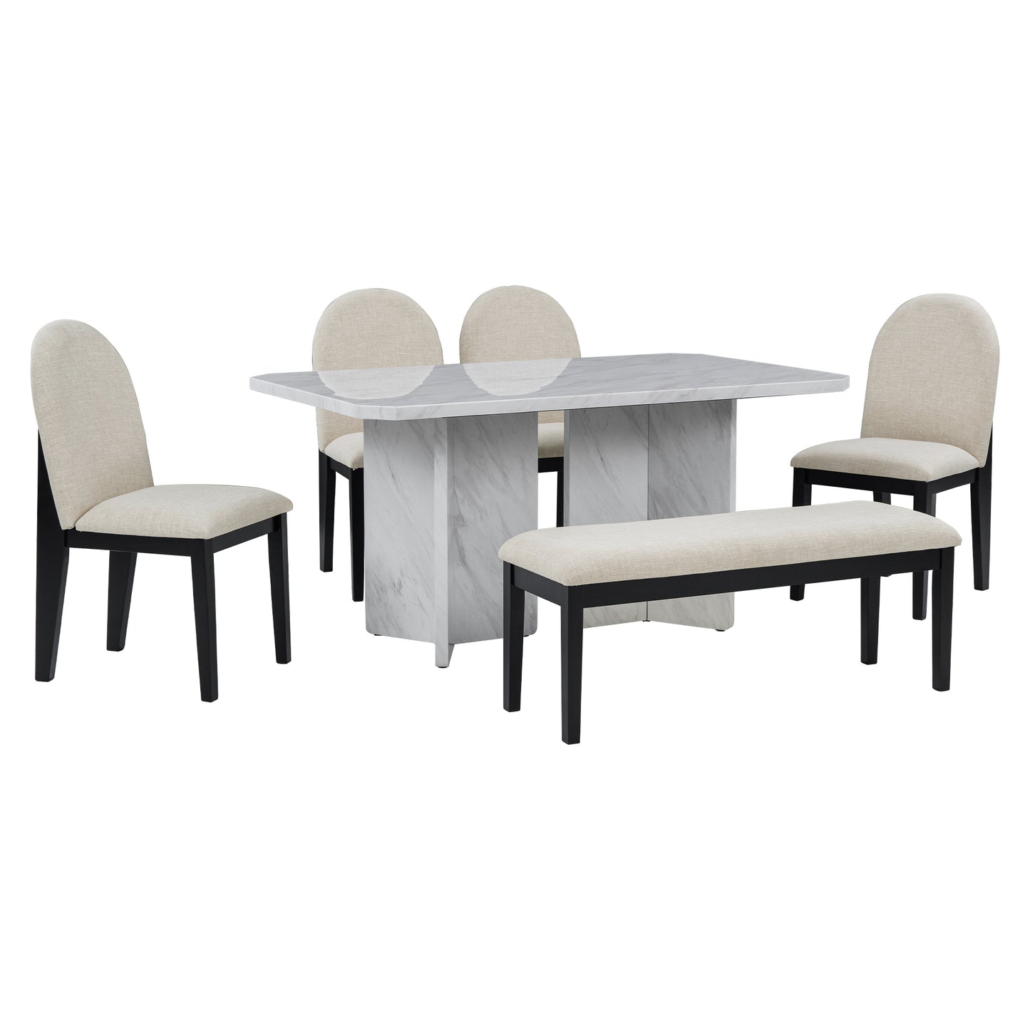 TREXM 6-Piece Modern Style Dining Set with Faux Marble Table and 4 Upholstered Dining Chairs & 1 Bench (White) - Enova Luxe Home Store