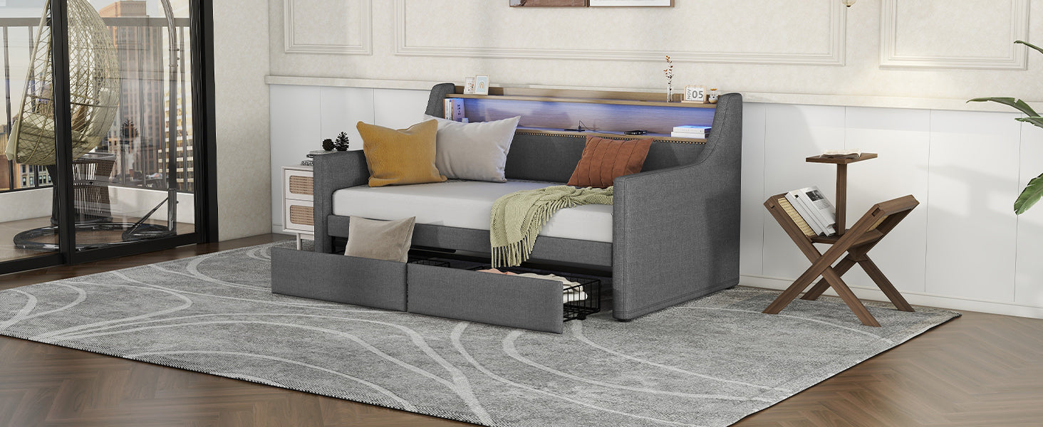 Twin Size Daybed with Storage Drawers, Upholstered Daybed with Charging Station and LED Lights, Gray (Expect arrive date: Jan 18th, 2024) - Enova Luxe Home Store
