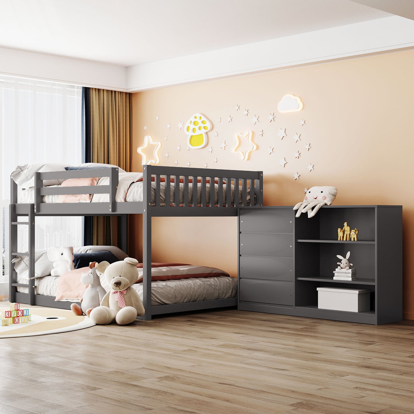 Full over Full Bunk Bed with 4 Drawers and 3 Shelves-Gray - Enova Luxe Home Store