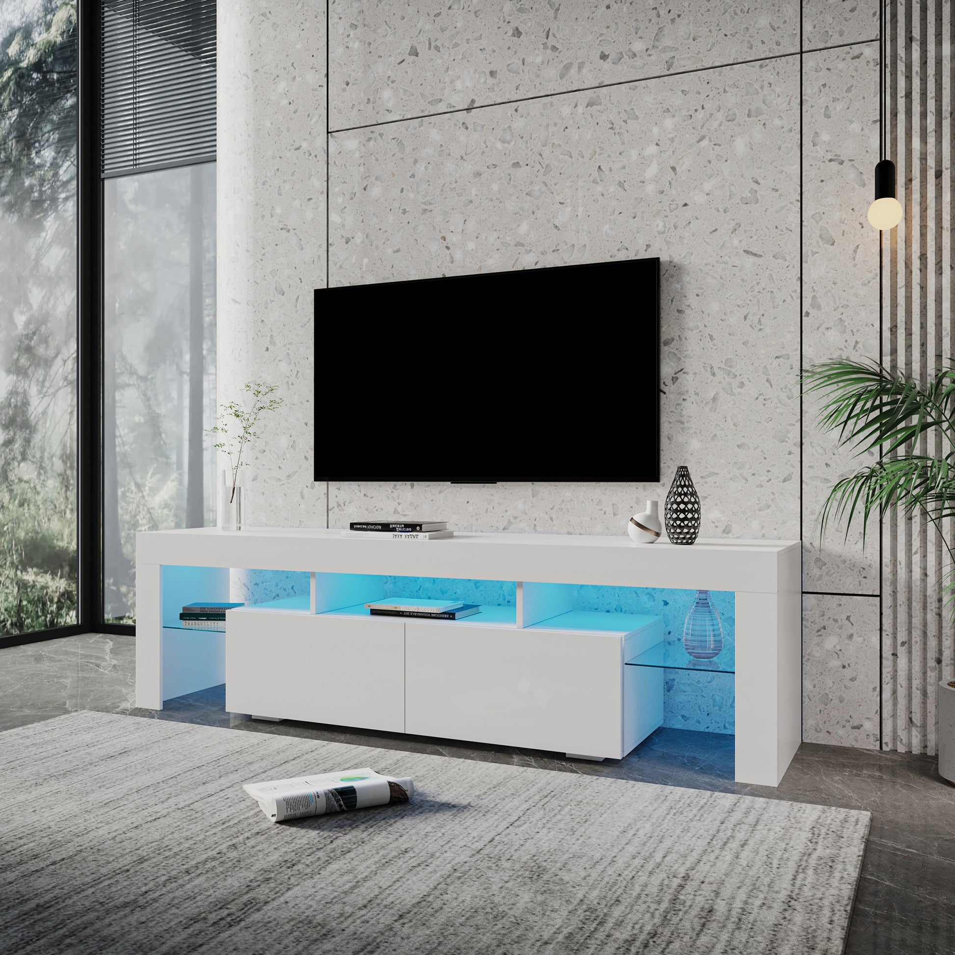 Modern gloss white TV Stand for 80 inch TV , 20 Colors LED TV Stand w/Remote Control Lights - Enova Luxe Home Store