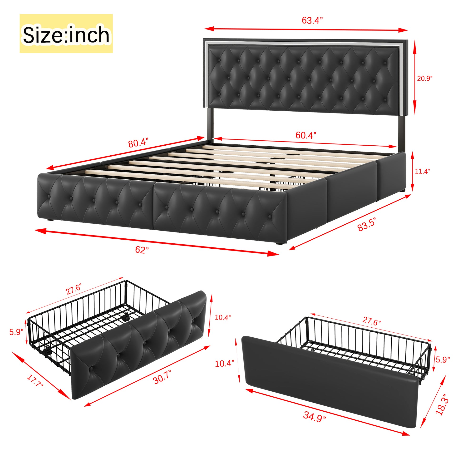 Queen Upholstered Bed Frame with 4 Storage Drawers, PU Leather Platform Bed with LED Headboard, No Box Spring Needed, Black - Enova Luxe Home Store