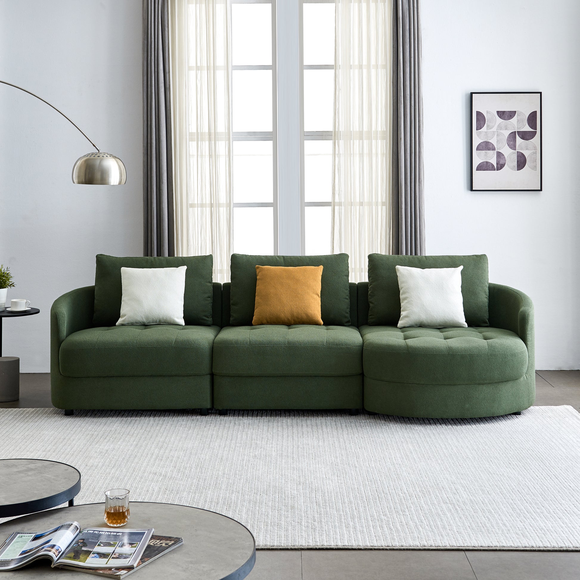 113"Teddy Fabric Sofa, Mid Century Modern L-shape Sofa, 3 Seat Modern Cloud Couch with 3 Pillow for Living room, Apartment & Office.(Right)(Dark green) - Enova Luxe Home Store