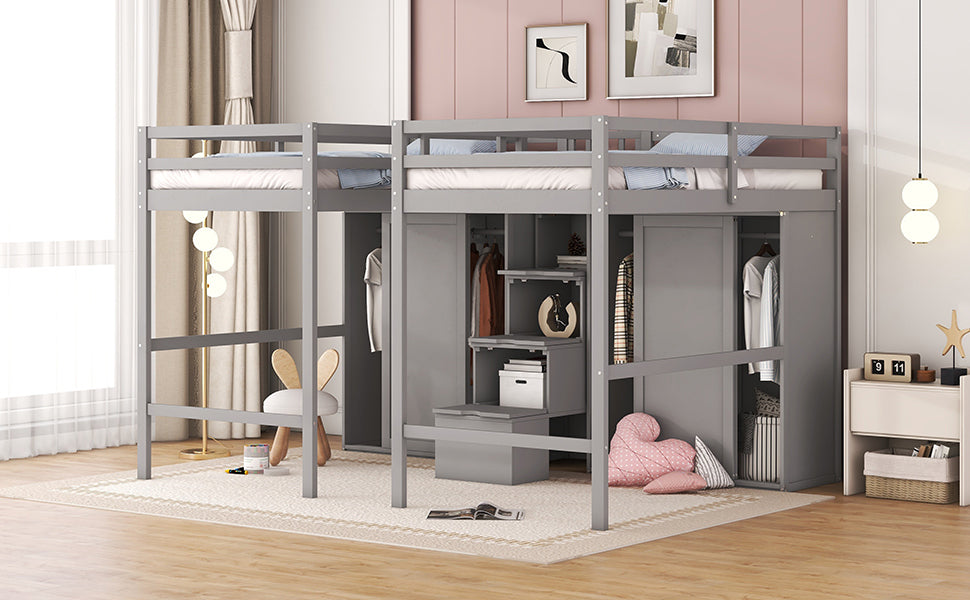 Double Twin Loft Beds with Wardrobes and Staircase, Gray - Enova Luxe Home Store
