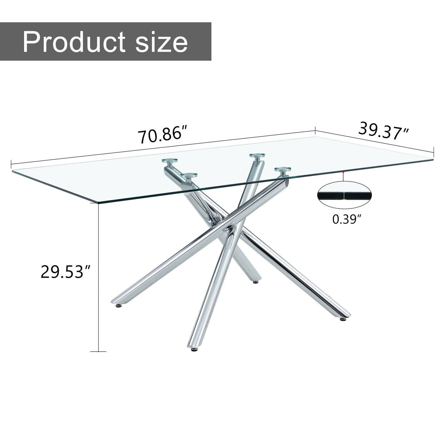 Large Modern Minimalist Rectangular Glass Dining Table for 6-8 with 0.39" Tempered Glass Tabletop and Silver Chrome Metal Legs, for Kitchen Dining Living Meeting Room Banquet hall, 71''x39''x29''1537 - Enova Luxe Home Store