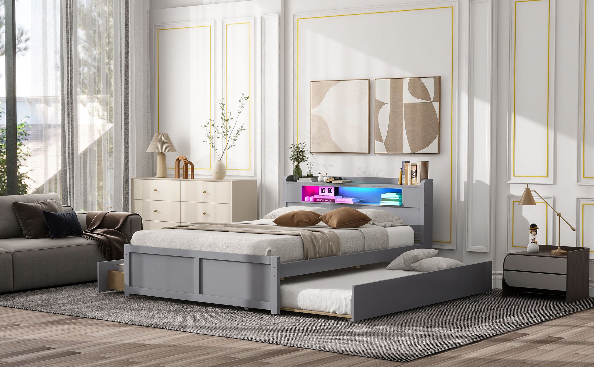 Queen Size Wood Storage Platform Bed with LED, 2 Drawers and 1 Twin Size Trundle, Gray - Enova Luxe Home Store