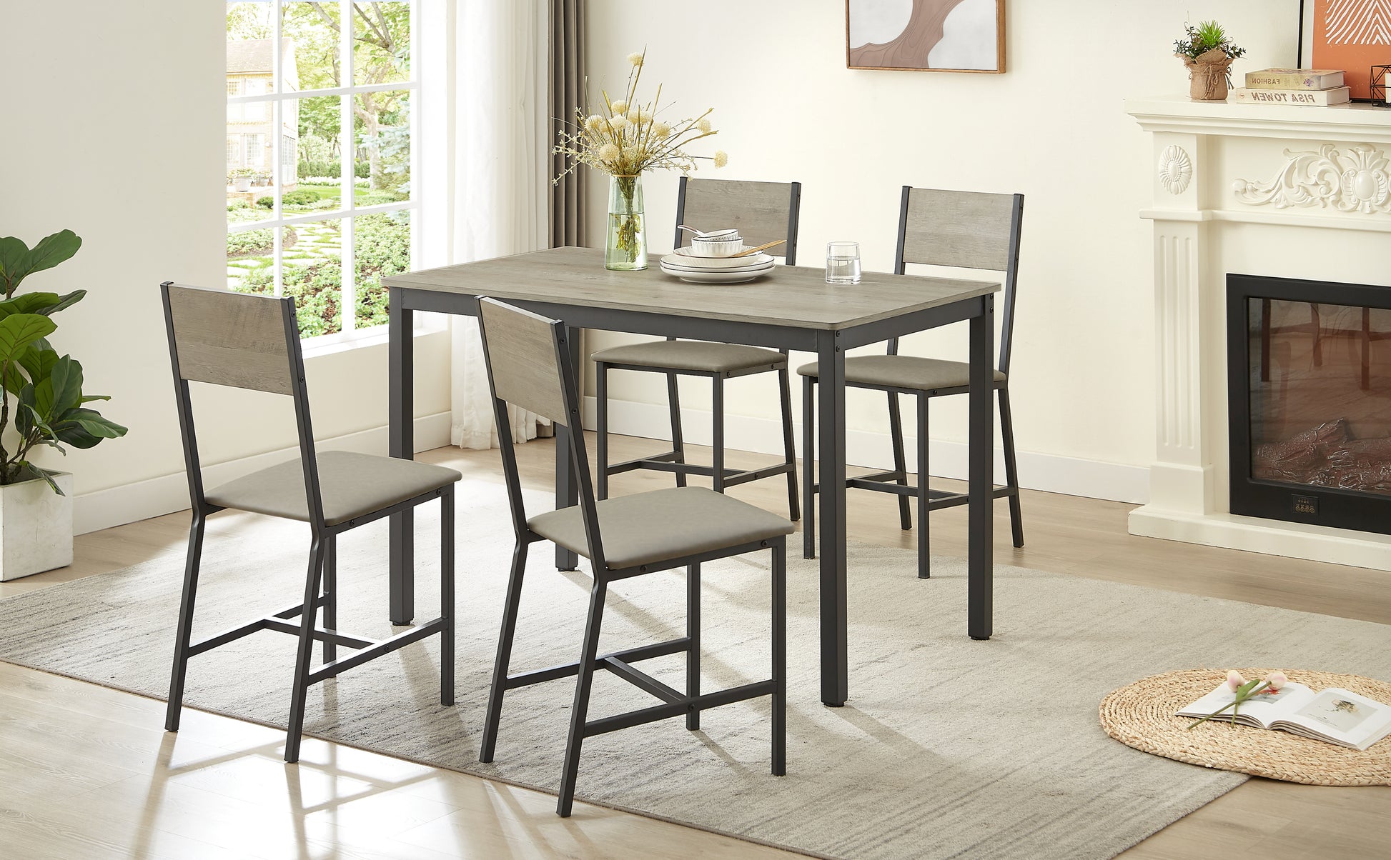 Dining Set for 5 Kitchen Table with 4 Upholstered Chairs, Grey, 47.2'' L x 27.6'' W x 29.7'' H. - Enova Luxe Home Store