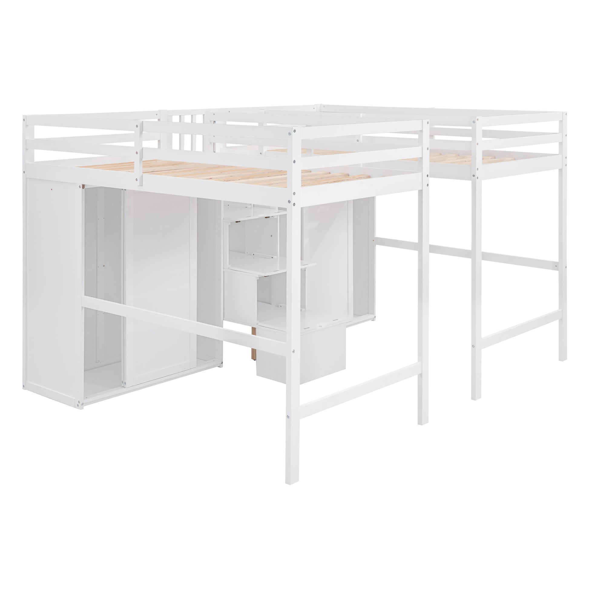 Double Twin Loft Beds with Wardrobes and Staircase, White - Enova Luxe Home Store