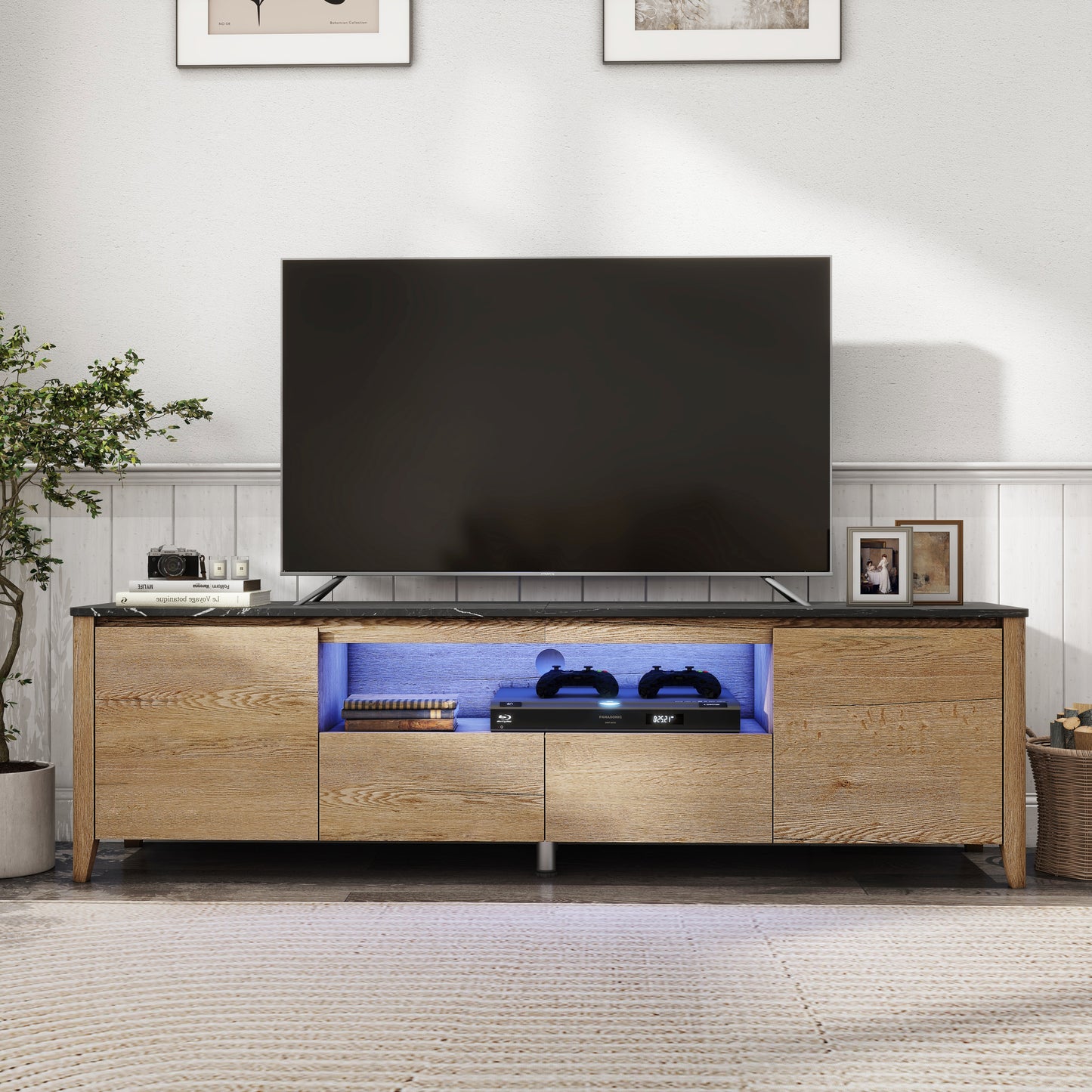 70 Inches Modern TV stand with LED Lights Entertainment Center TV cabinet with Storage for Up to 80 inch for Gaming Living Room Bedroom