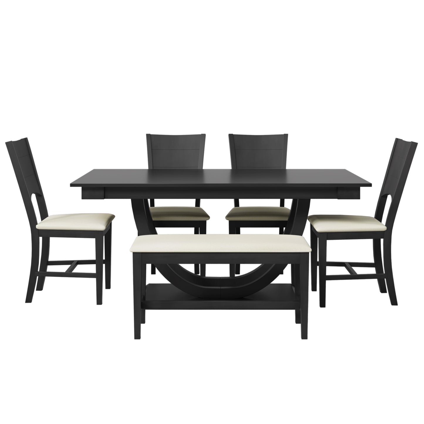 TOPMAX 6-Piece Wood Half Round Dining Table Set Kitchen Table Set with Long Bench and 4 Dining Chairs, Modern Style, Gray - Enova Luxe Home Store