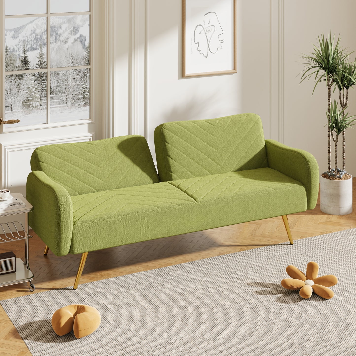 Green Fabric Double Sofa with Split Backrest and Two Throw Pillows - Enova Luxe Home Store