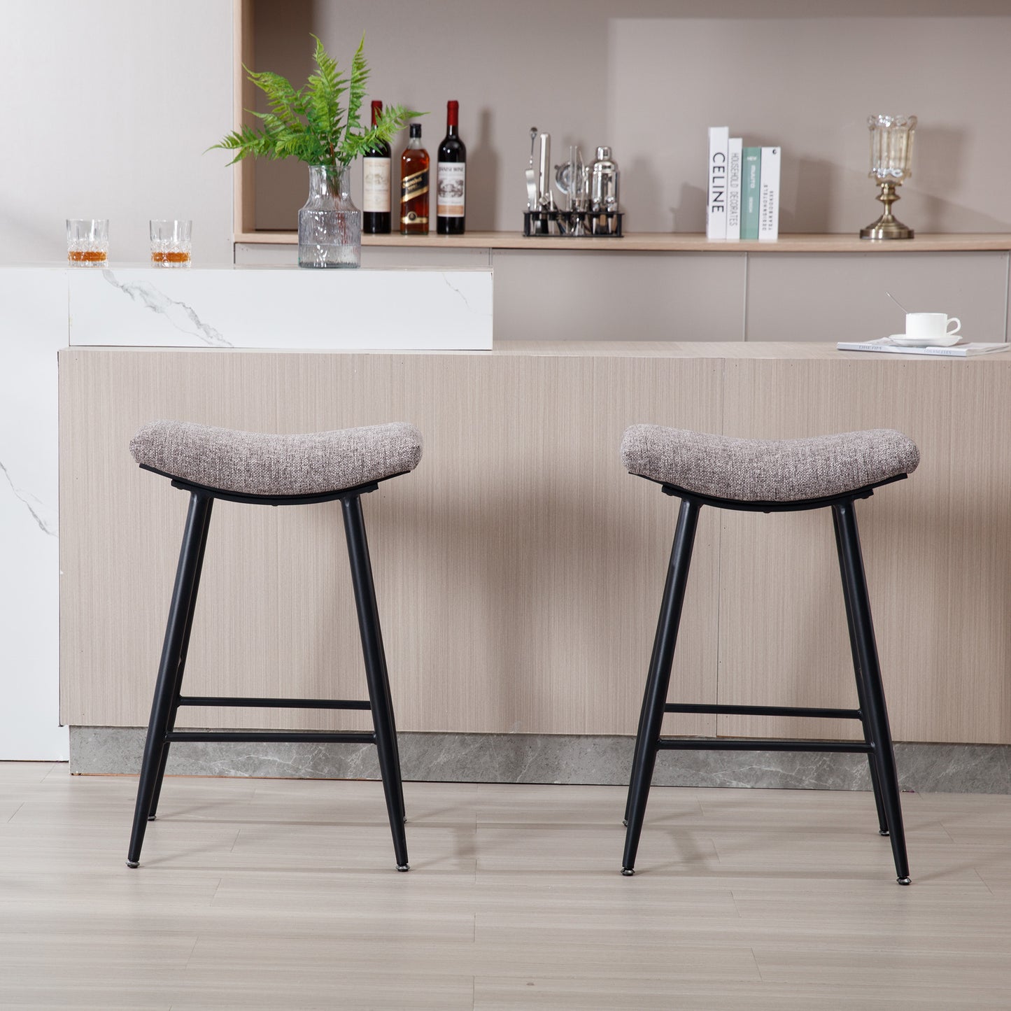 Bar Stools Set of 2 Armless Counter Low Bar Stools Without Back Modern Linen fabric Breakfast Stools with Metal Leg and Footrest,Coffee