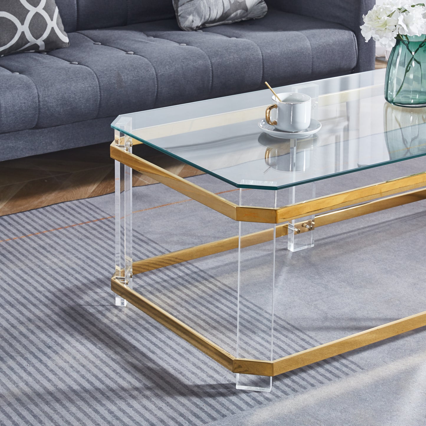 Gold Stainless Steel Coffee Table With acrylic Frame and Clear Glass Top CS-1134 - Enova Luxe Home Store