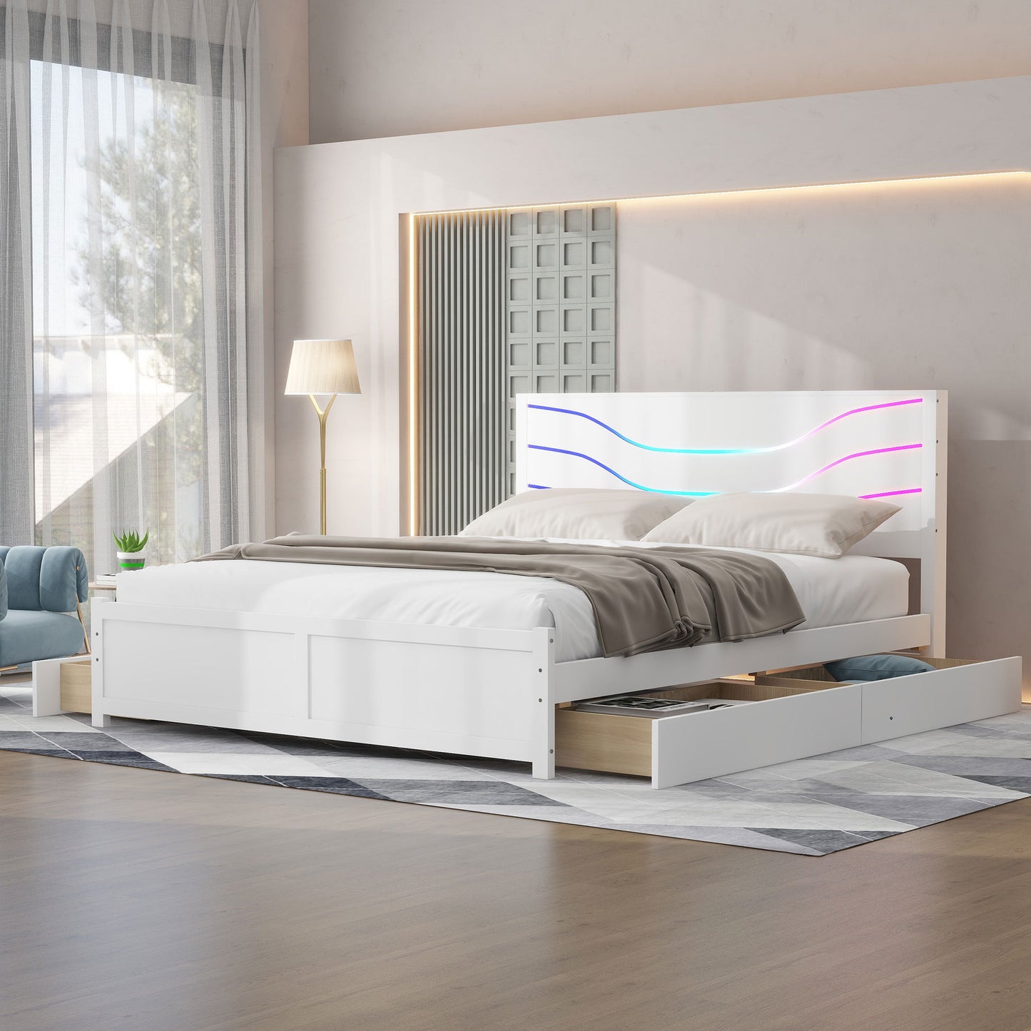Queen Size Wood Storage Platform Bed with LED and 4 Drawers, White