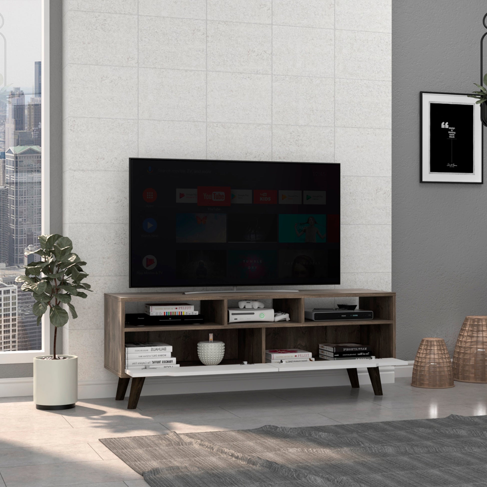 Oslo Tv Stand for TV´s up 51", Two  Drawers, Four Legs, Three Open Shelves -Dark Brown / White - Enova Luxe Home Store