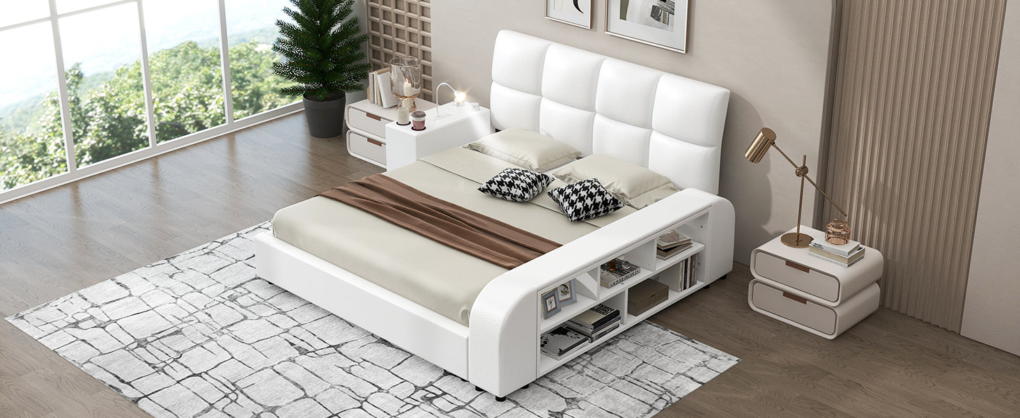 Queen Size Upholstered Platform Bed with Multimedia Nightstand and Storage Shelves, White - Enova Luxe Home Store