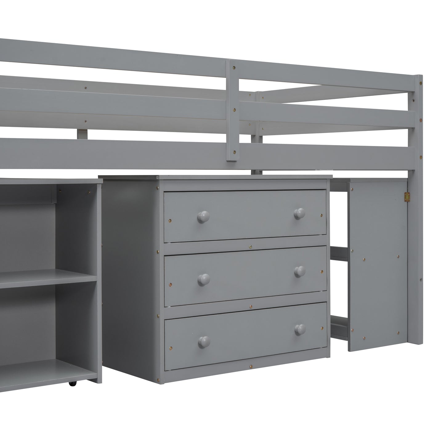 Twin Size Loft Bed with Retractable Writing Desk and 3 Drawers, Wooden Loft Bed with Storage Stairs and Shelves, Gray
