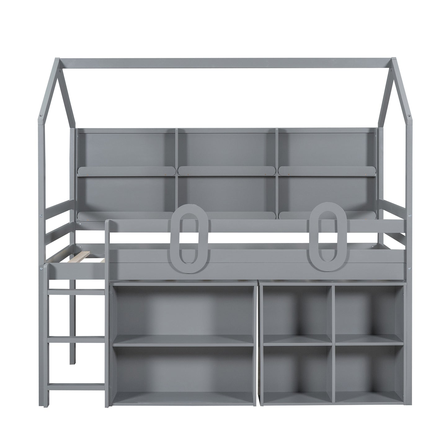 Twin Size House Loft Bed with Multiple Storage Shelves, Grey