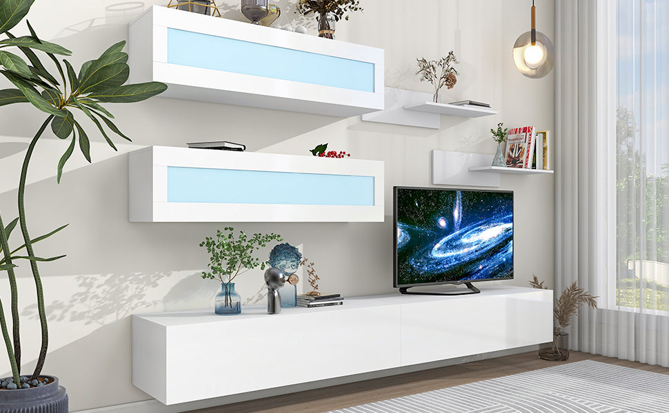 ON-TREND Wall Mount Floating TV Stand with Four Media Storage Cabinets and Two Shelves, Modern High Gloss Entertainment Center for 95+ Inch TV, 16-color RGB LED Lights for Living Room, Bedroom, White - Enova Luxe Home Store