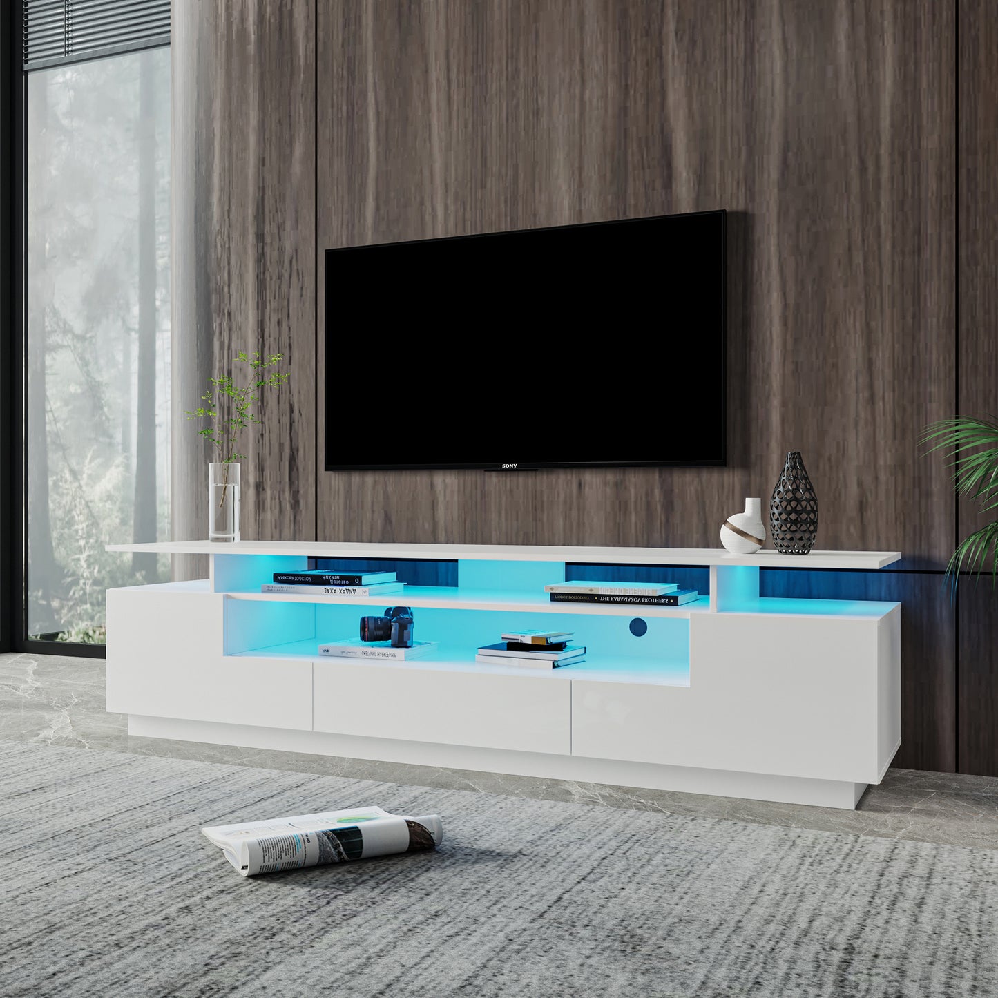 Modern White TV Stand, 20 Colors LED TV Stand w/Remote Control Lights - Enova Luxe Home Store
