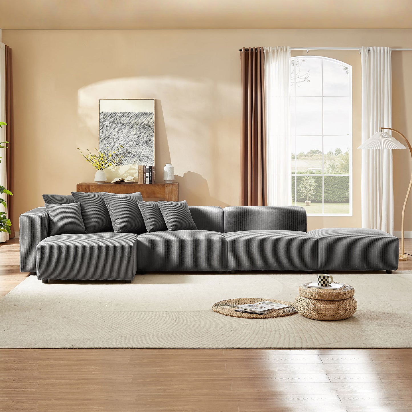 Soft Corduroy Sectional Modular Sofa 4 Piece Set, Small L-Shaped Chaise Couch for Living Room, Apartment, Office, Gray