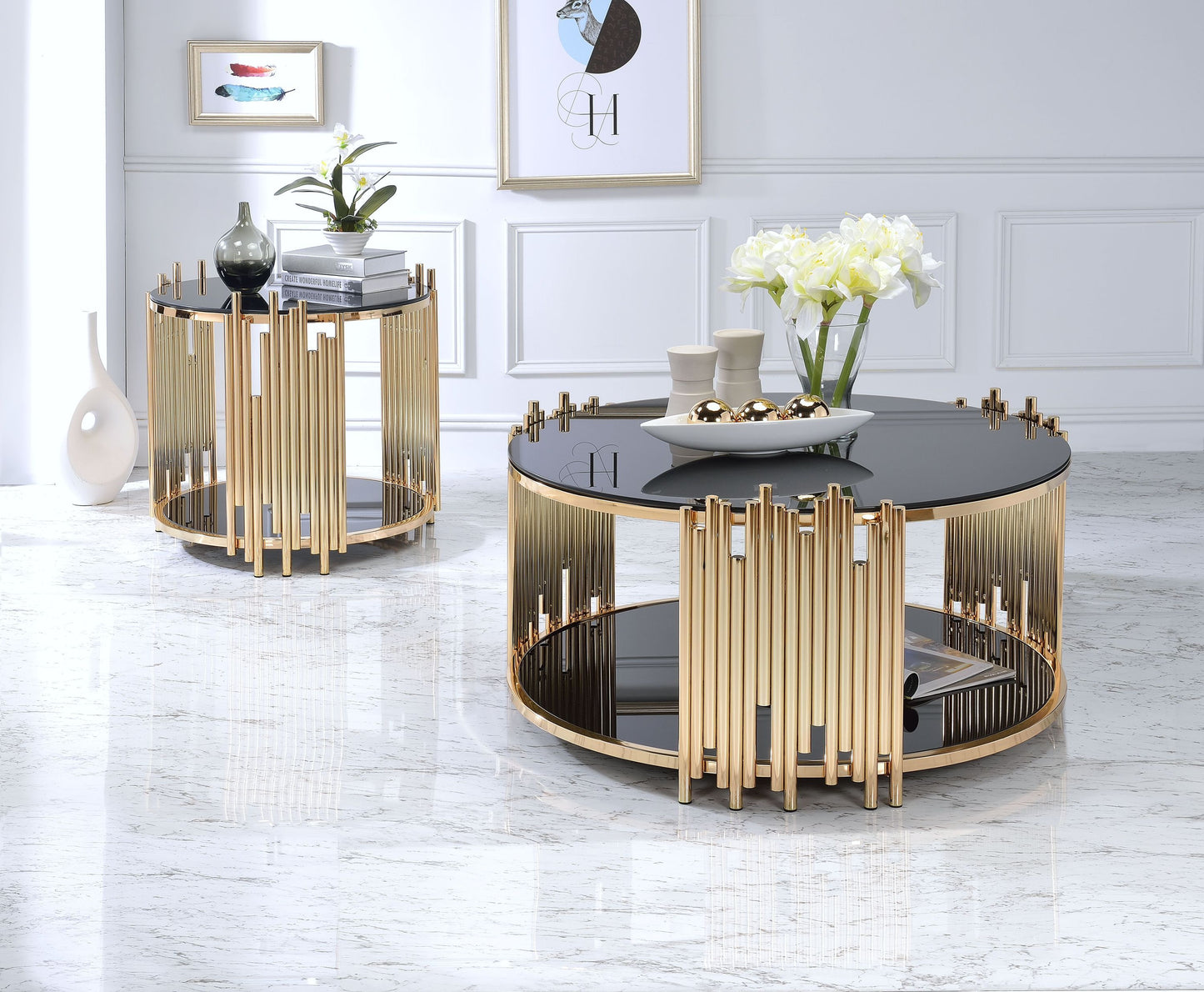 ACME Tanquin Coffee Table in Gold & Black Glass 84490