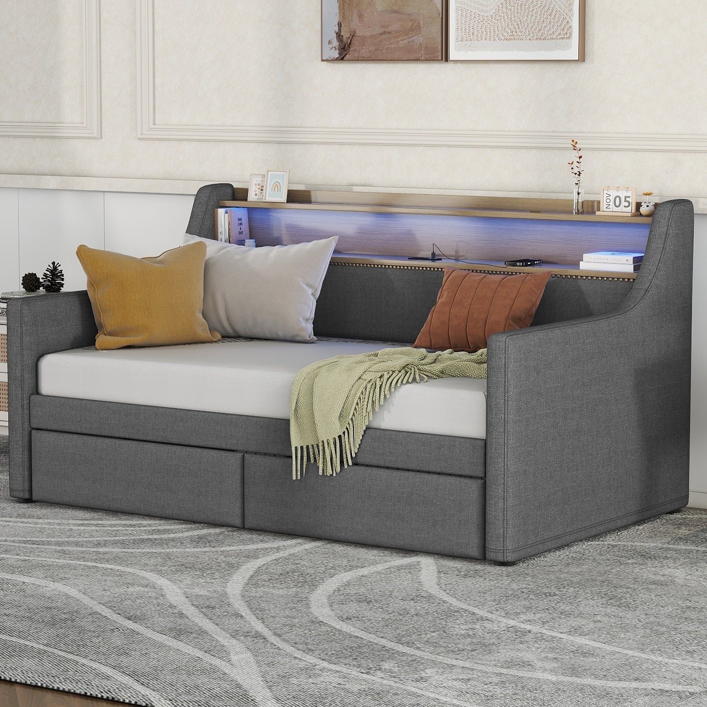 Twin Size Daybed with Storage Drawers, Upholstered Daybed with Charging Station and LED Lights, Gray (Expect arrive date: Jan 18th, 2024) - Enova Luxe Home Store