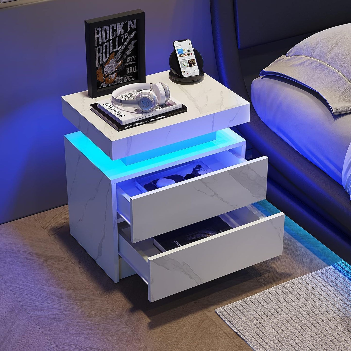 Nightstand LED Bedside Table Cabinet Lights Modern End Side with 2 Drawers for Bedroom (White Stone)