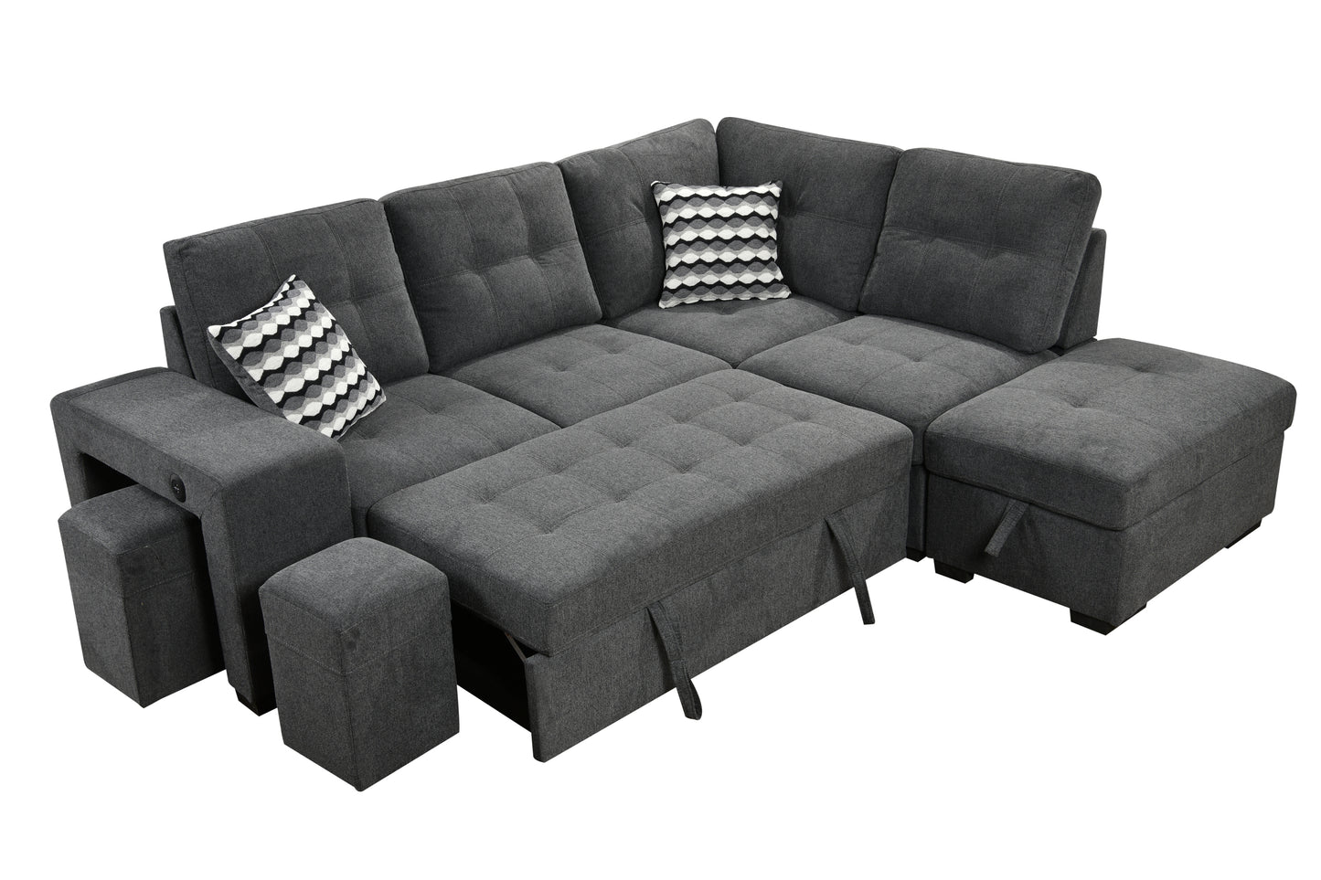 Sectional Pull Out Sofa Bed 101" Reversible L-Shaped Corner Sleeper Upholstered Couch with Storage Ottoman, 2 Pillows,USB Ports,2 Stools for Living Room Furniture Sets,Apartments,Dark Gray