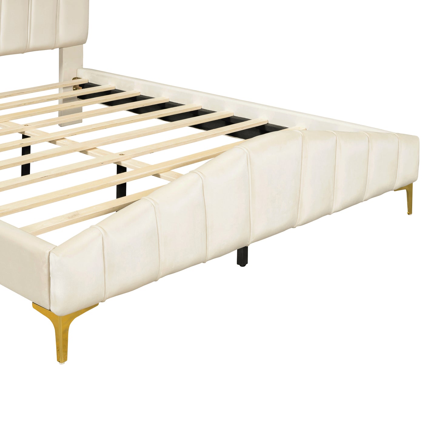 Queen Size Velvet Platform Bed with Thick Fabric, Stylish Stripe Decorated Bedboard and Elegant Metal Bed Leg, Beige - Enova Luxe Home Store