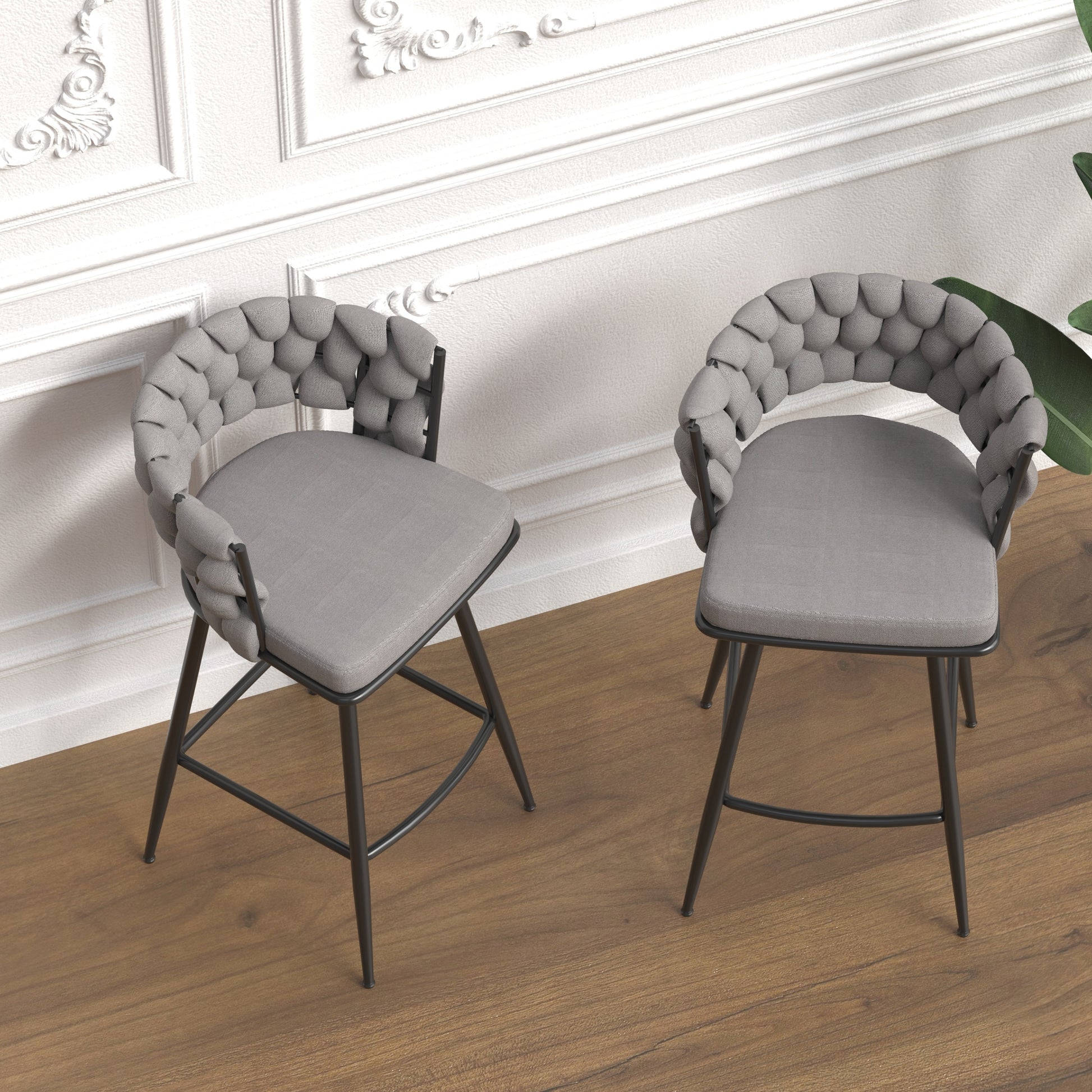 Bar Chair Linen Woven Bar Stool Set of 2,Black legs Barstools No Adjustable Kitchen Island Chairs,360 Swivel Bar Stools Upholstered Bar Chair Counter Stool Arm Chairs with Back Footrest, (Grey) - Enova Luxe Home Store