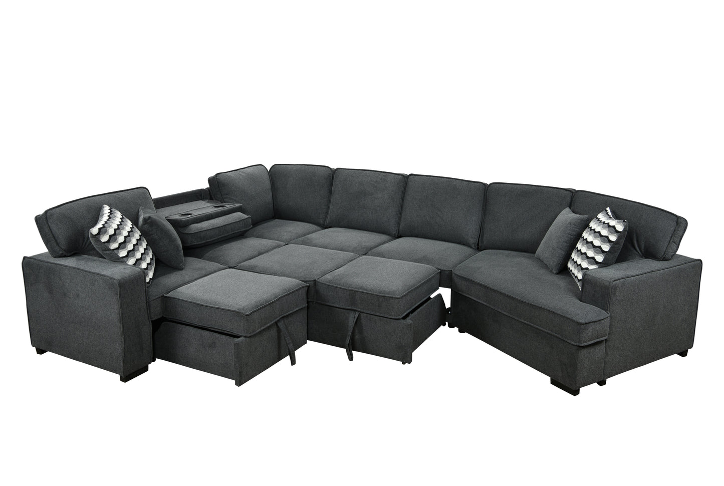 Oversized Upholstered Sectional Pull Out Sleeper Bed and Chaise Lounge, U-Shaped Sofa with 2 pull-out bed, 4 Pillows & 2 Cup Holders on Back Cushions for Home, Bedroom, Apartment, Dark Gray