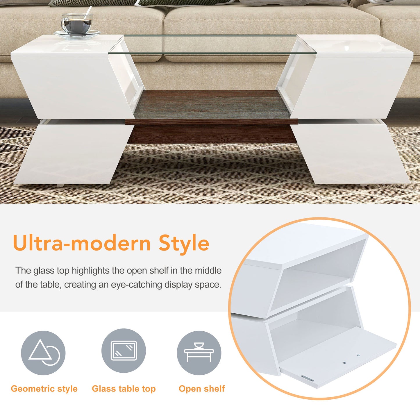 ON-TREND 6mm Glass-Top Coffee Table with Open Shelves and Cabinets, Geometric Style Cocktail Table with Great Storage Capacity, Modernist 2-Tier Center Table for Living Room, White - Enova Luxe Home Store
