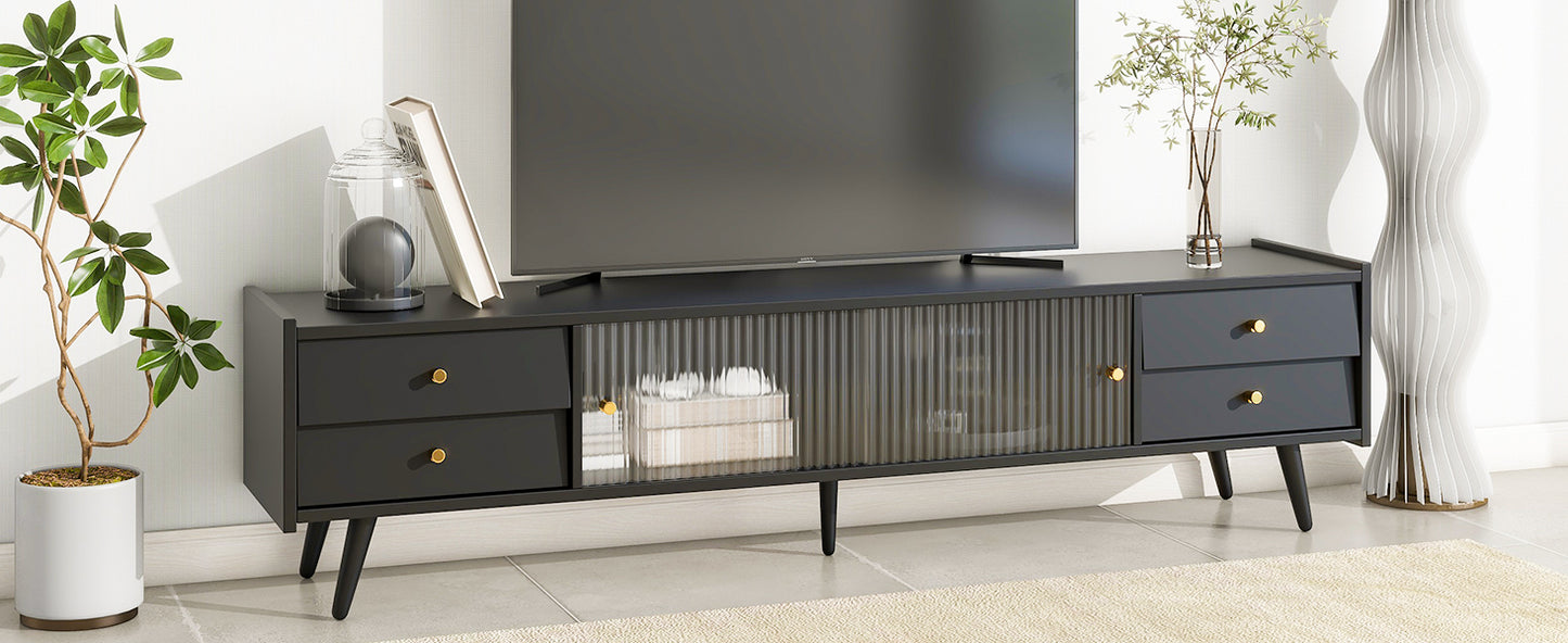 ON-TREND Contemporary TV Stand with Sliding Fluted Glass Doors, Slanted Drawers Media Console for TVs Up to 70", Chic Elegant TV Cabinet with Golden Metal Handles , Black - Enova Luxe Home Store