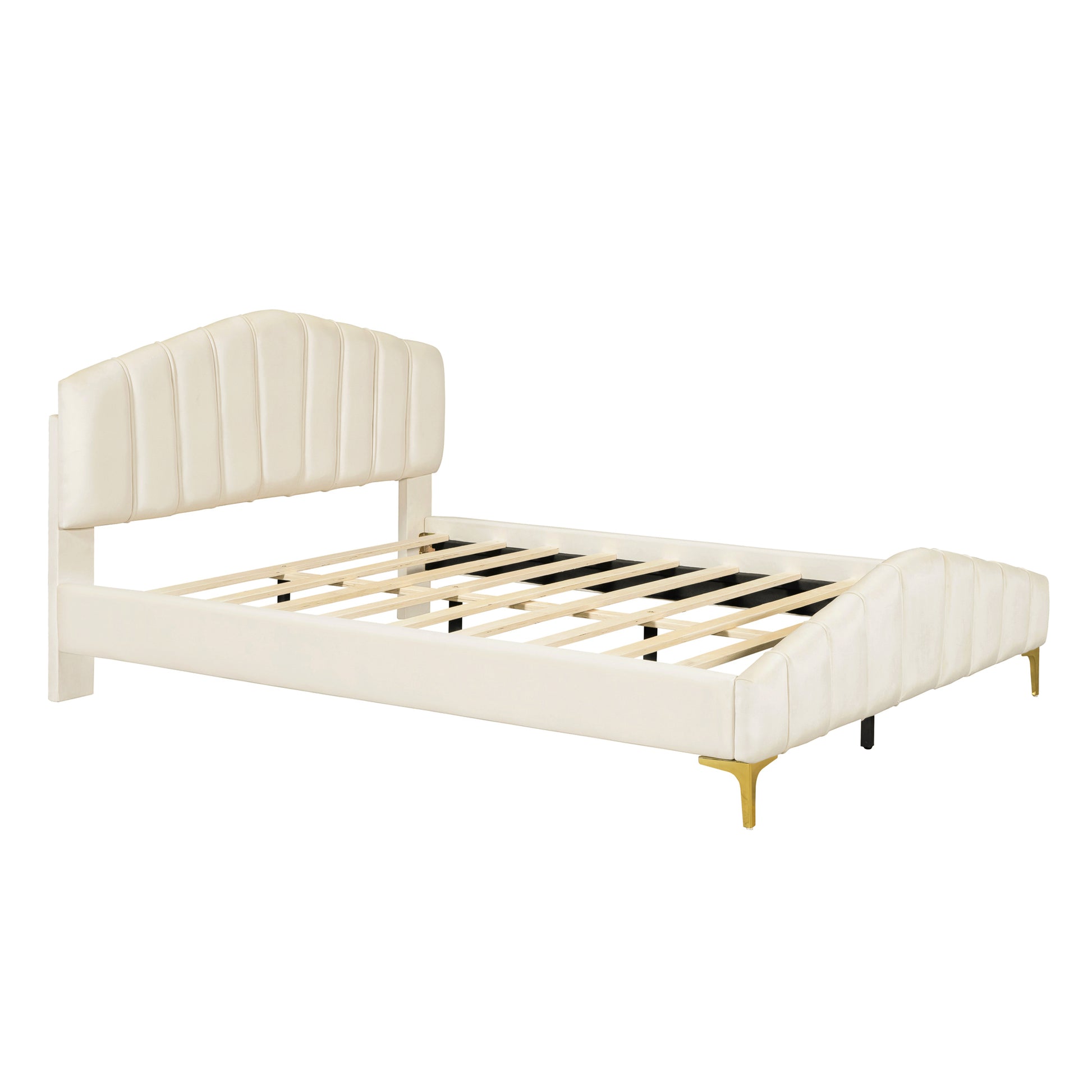 Queen Size Velvet Platform Bed with Thick Fabric, Stylish Stripe Decorated Bedboard and Elegant Metal Bed Leg, Beige - Enova Luxe Home Store