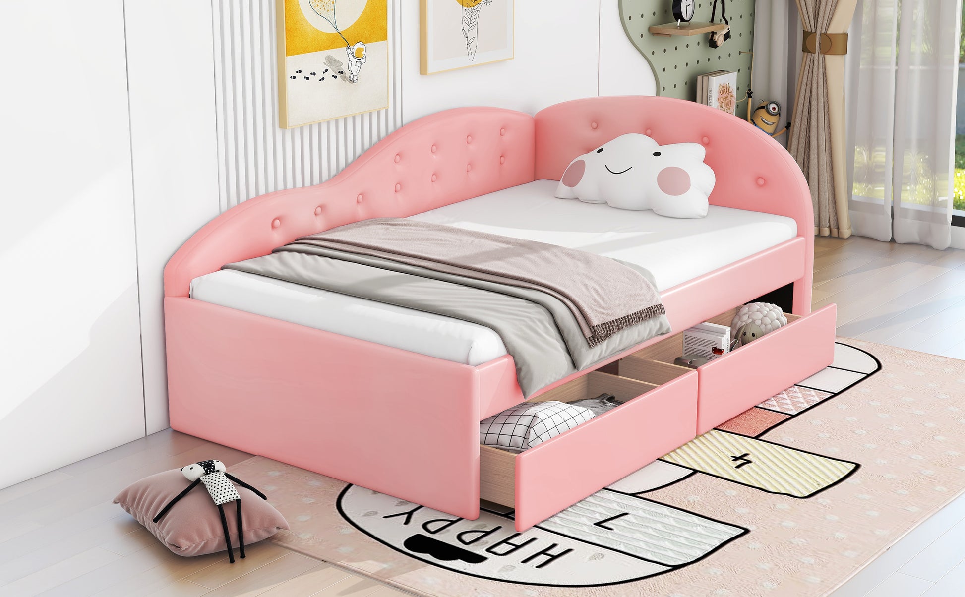 Twin Size PU Upholstered Tufted Daybed with Two Drawers and Cloud Shaped Guardrail, Pink - Enova Luxe Home Store