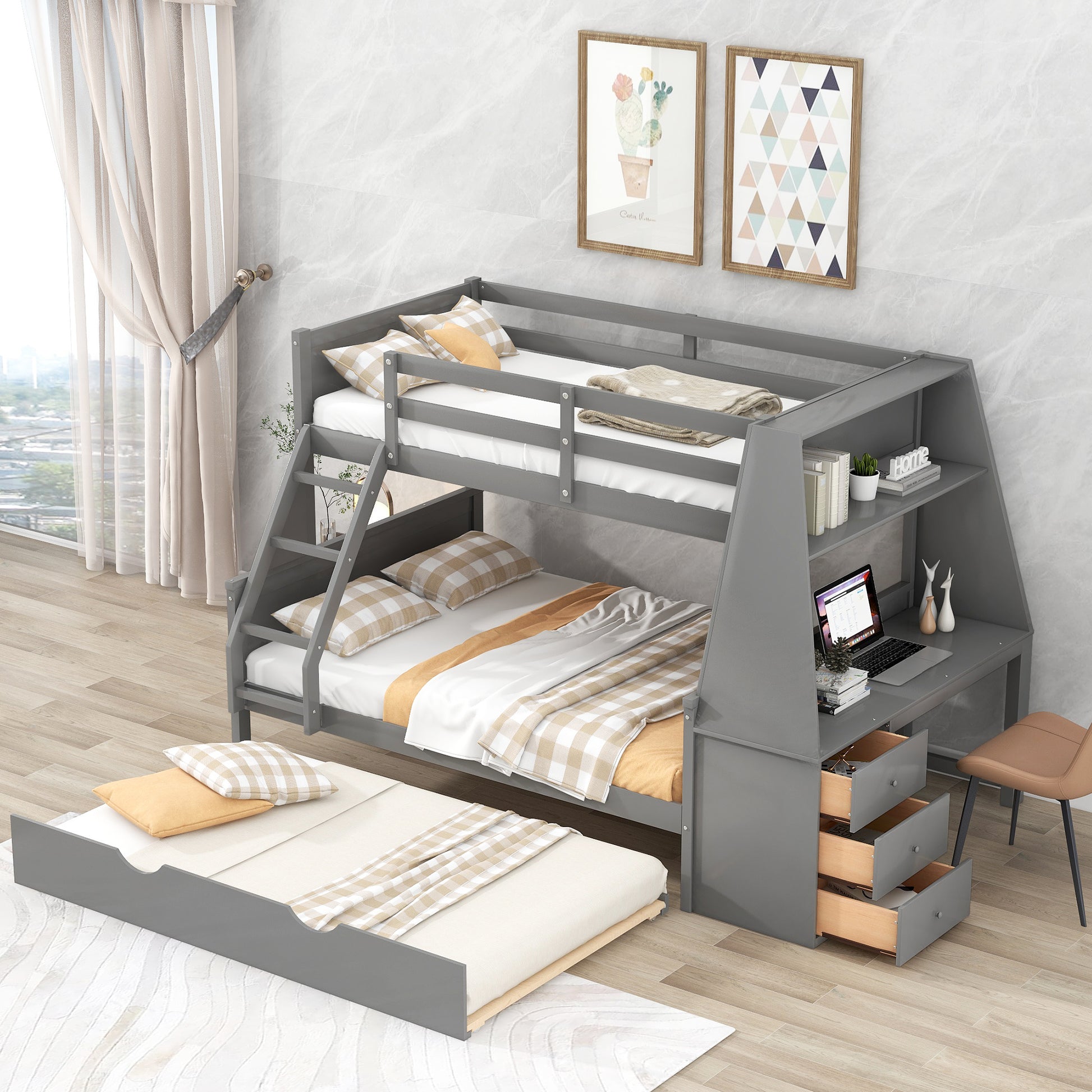 Twin over Full Bunk Bed with Trundle and Built-in Desk, Three Storage Drawers and Shelf,Gray - Enova Luxe Home Store