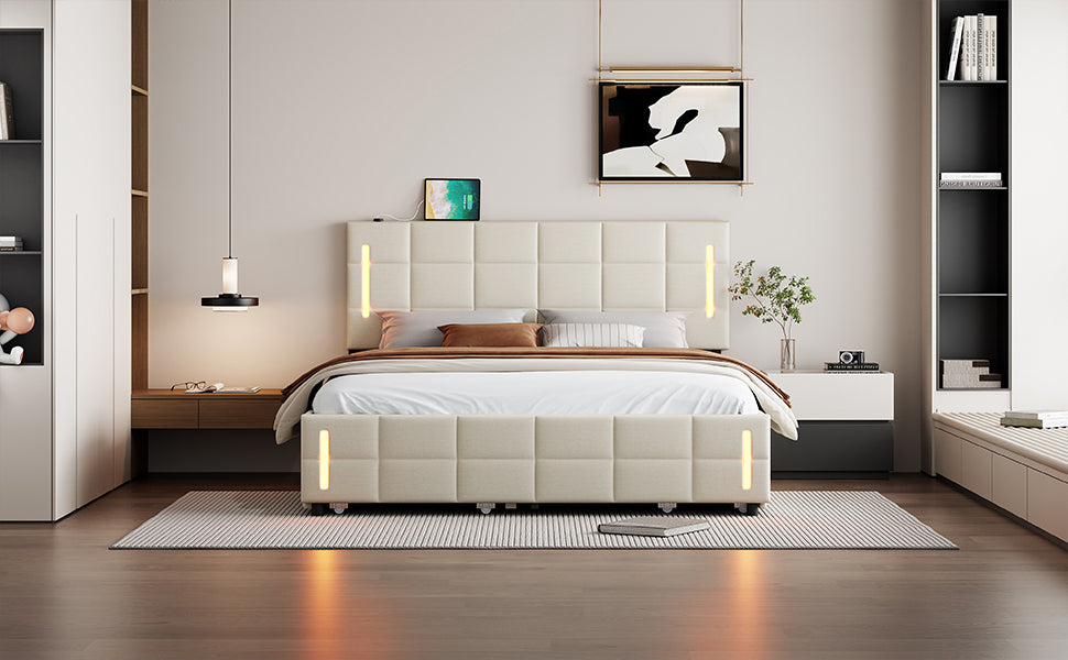 Queen Size Upholstered Platform Bed with Trundle and Drawers, Beige - Enova Luxe Home Store