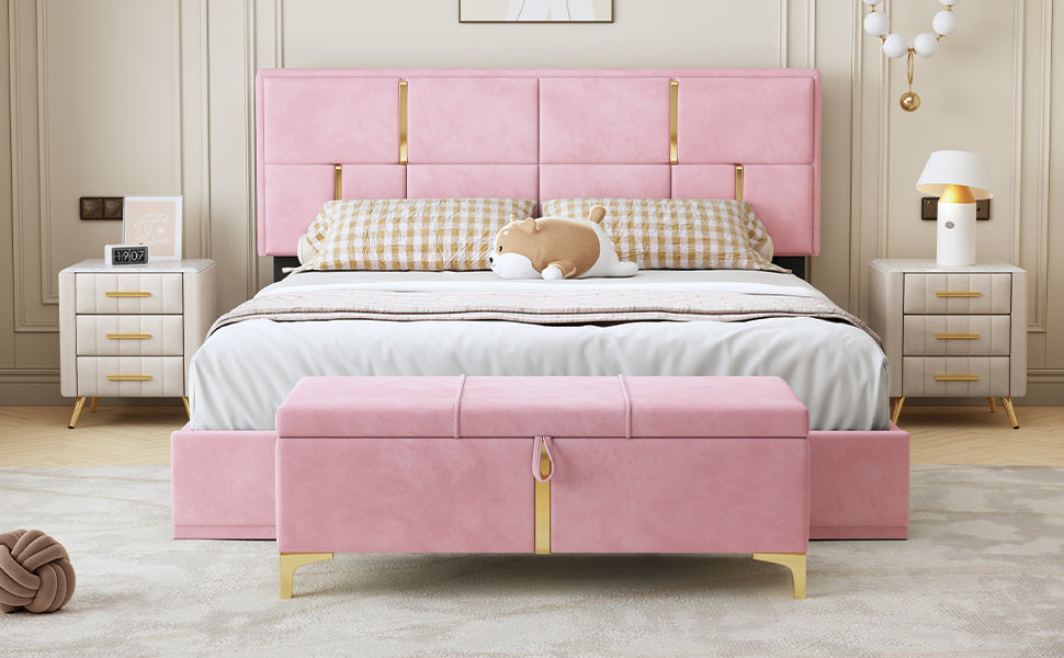 2-Pieces Bedroom Sets,Queen Size Upholstered Platform Bed with Hydraulic Storage System,Storage Ottoman with Metal Legs,Pink - Enova Luxe Home Store