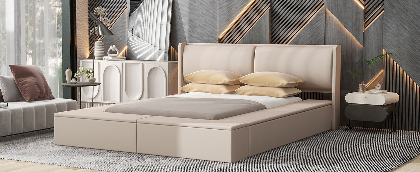 Queen Size Upholstery Storage Platform Bed with Storage Space on both Sides and Footboard, Beige - Enova Luxe Home Store