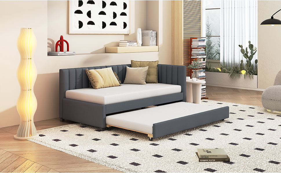 Upholstered Daybed with Trundle Twin Size Sofa Bed Frame No Box Spring Needed, Linen Fabric(Gray)