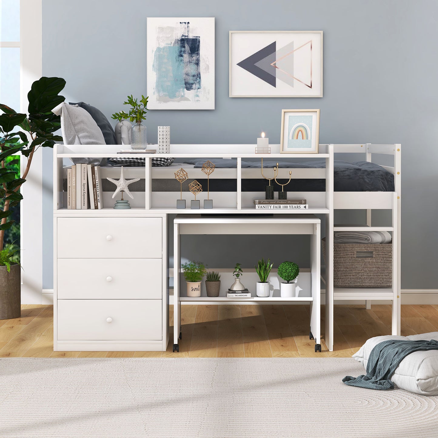 Full Size Low Loft Bed with Rolling Portable Desk, Drawers and Shelves, White
