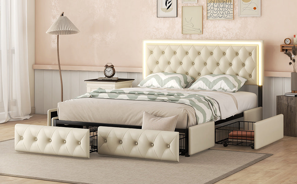 Queen Upholstered Bed Frame with 4 Storage Drawers, PU Leather Platform Bed with LED Headboard, No Box Spring Needed, Beige - Enova Luxe Home Store