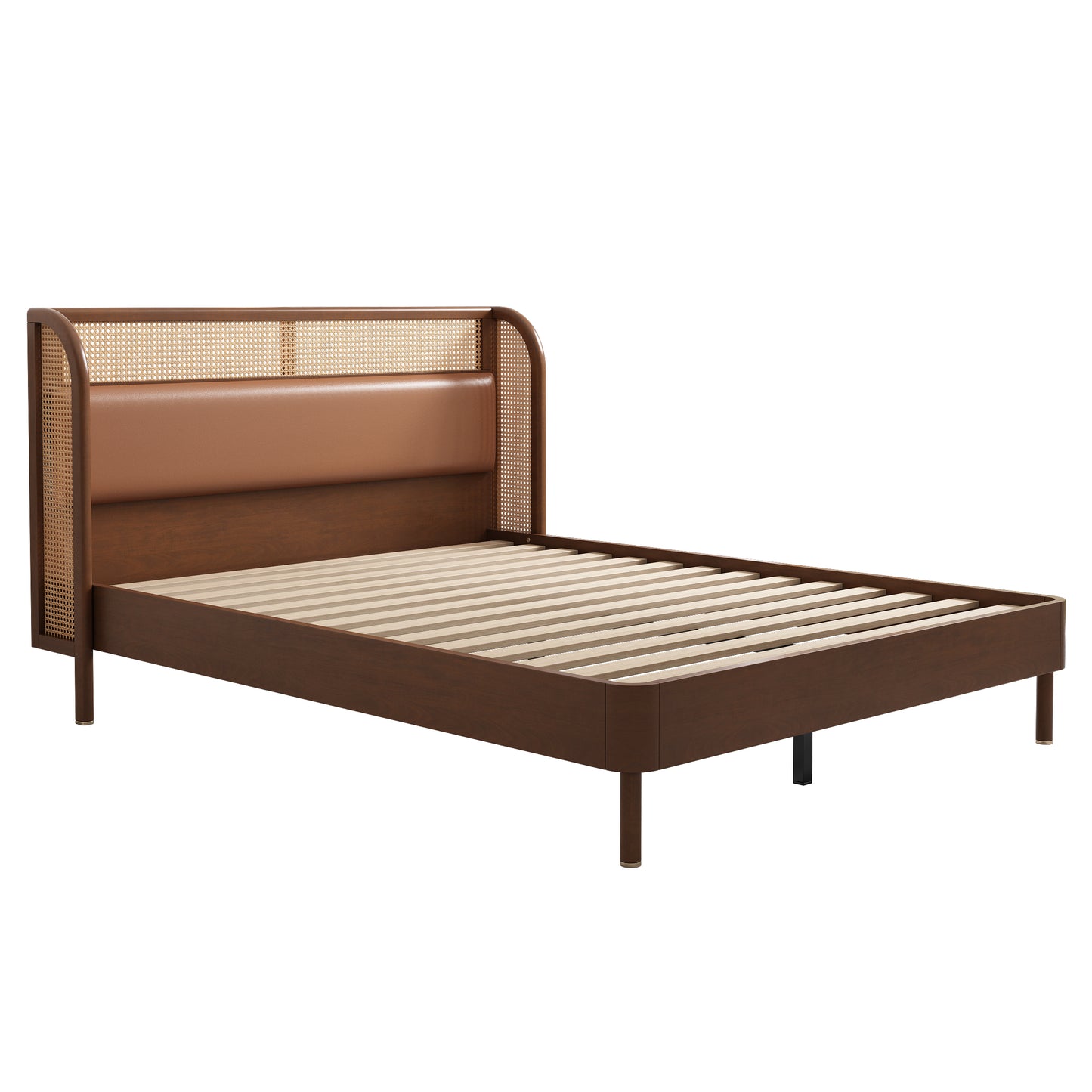 3 Pieces Modern Cannage Rattan Platform Queen Bed + Nightstand*2, Walnut - Enova Luxe Home Store