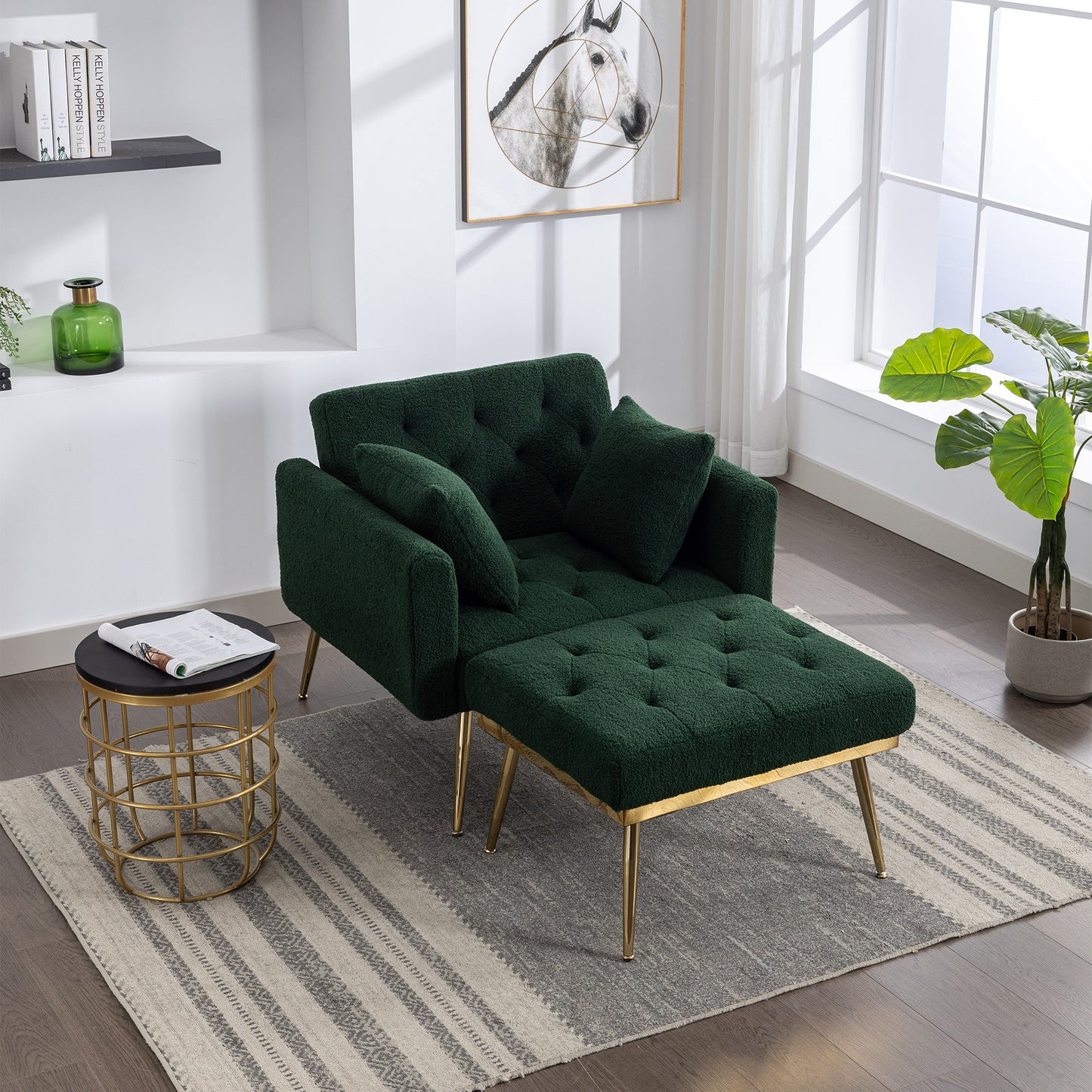 36.61'' Wide Modern Accent Chair With 3 Positions Adjustable Backrest, Tufted Chaise Lounge Chair, Single Recliner Armchair With Ottoman And Gold Legs For Living Room, Bedroom (Green) - Enova Luxe Home Store