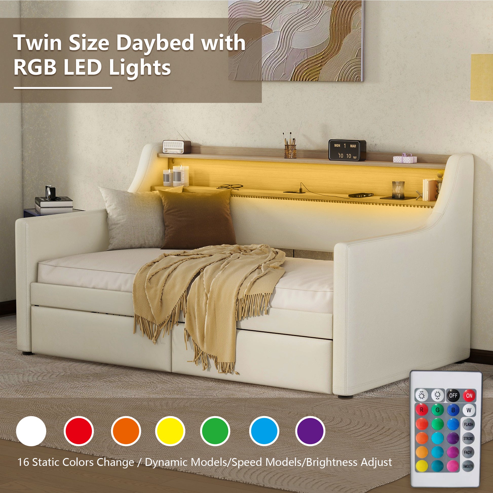 Twin Size Daybed with Storage Drawers, Upholstered Daybed with Charging Station and LED Lights, White - Enova Luxe Home Store