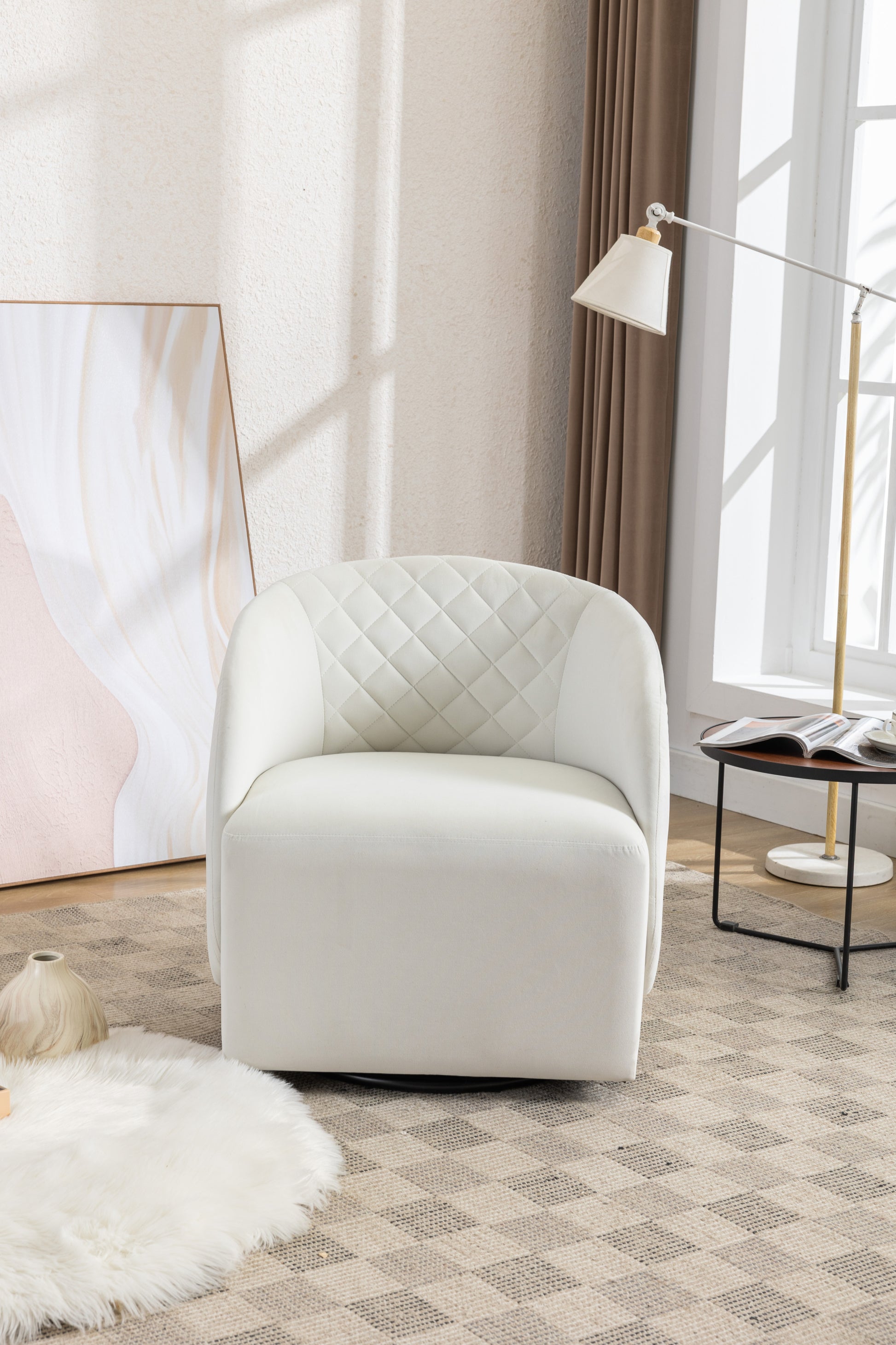 Velvet Fabric Swivel Chair For Living Room,Ivory - Enova Luxe Home Store